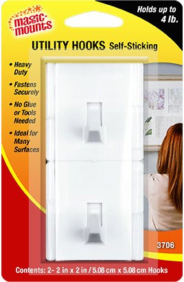 Magic Mounts Multi Purpose Hook, Self Sticking, Utility Purpose, 2 Inch Width X 2 Inch Height, White, Holds Up to 4 Pounds, Case of 2 – 3706
