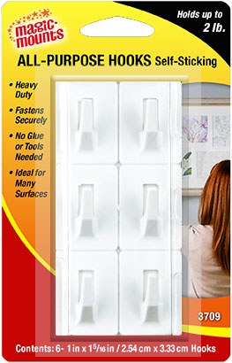Magic Mounts Multi Purpose Hook, Self Sticking, 1-5/16 Inch Width X 1 Inch Height, White, Holds Up to 2 Pounds, Case of 6 – 3709