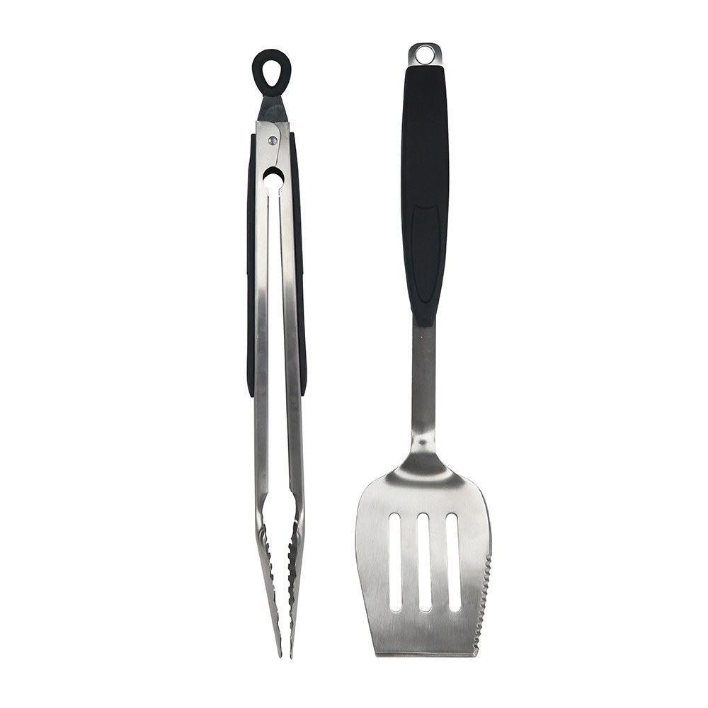 Mr.bar B-Q Barbeque Grill Utensil, 2 Piece Barbeque Tool Set, Stainless Steel with Rubber Handle, With 2-IN-1 Spatula and Locking Tongs – 02939Y