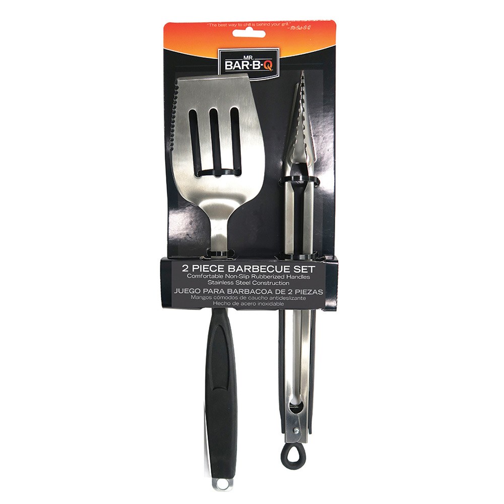 Mr.bar B-Q Barbeque Grill Utensil, 2 Piece Barbeque Tool Set, Stainless Steel with Rubber Handle, With 2-IN-1 Spatula and Locking Tongs – 02939Y