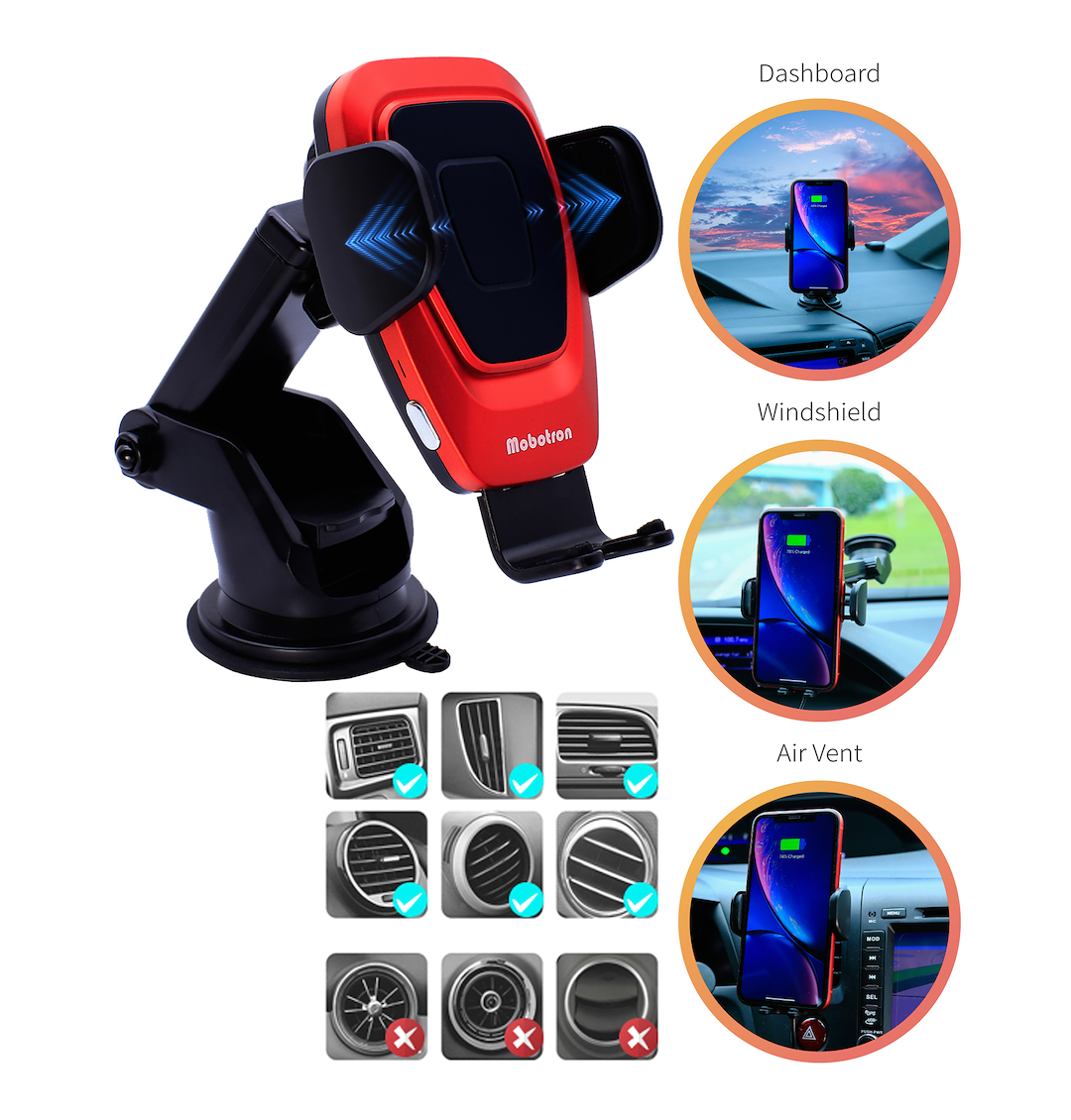 Mobotron USB Outlet, Vehicle Use Only, Wireless, Windshield/ Air Vent/ Dashboard Mount, 15 Watt Charge Output, Qi Certified – M001R