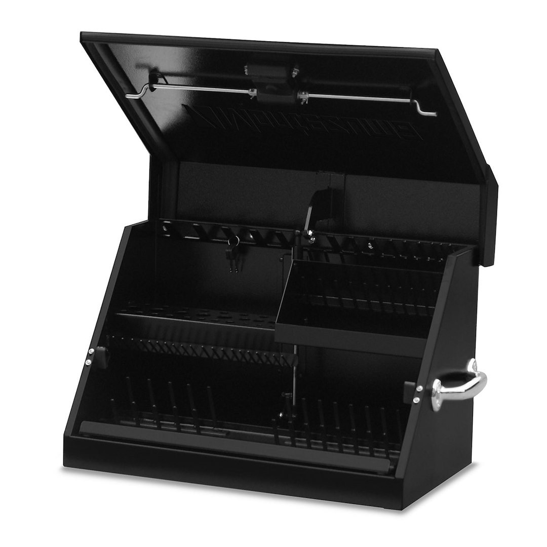 Montezuma Tool Box, Triangle®, Portable, Single Lid, Powder Coated, Black, Steel, 23-3/8 Inch Length X 13-3/4 Inch Width X 14-1/2 Inch Height – SM200B