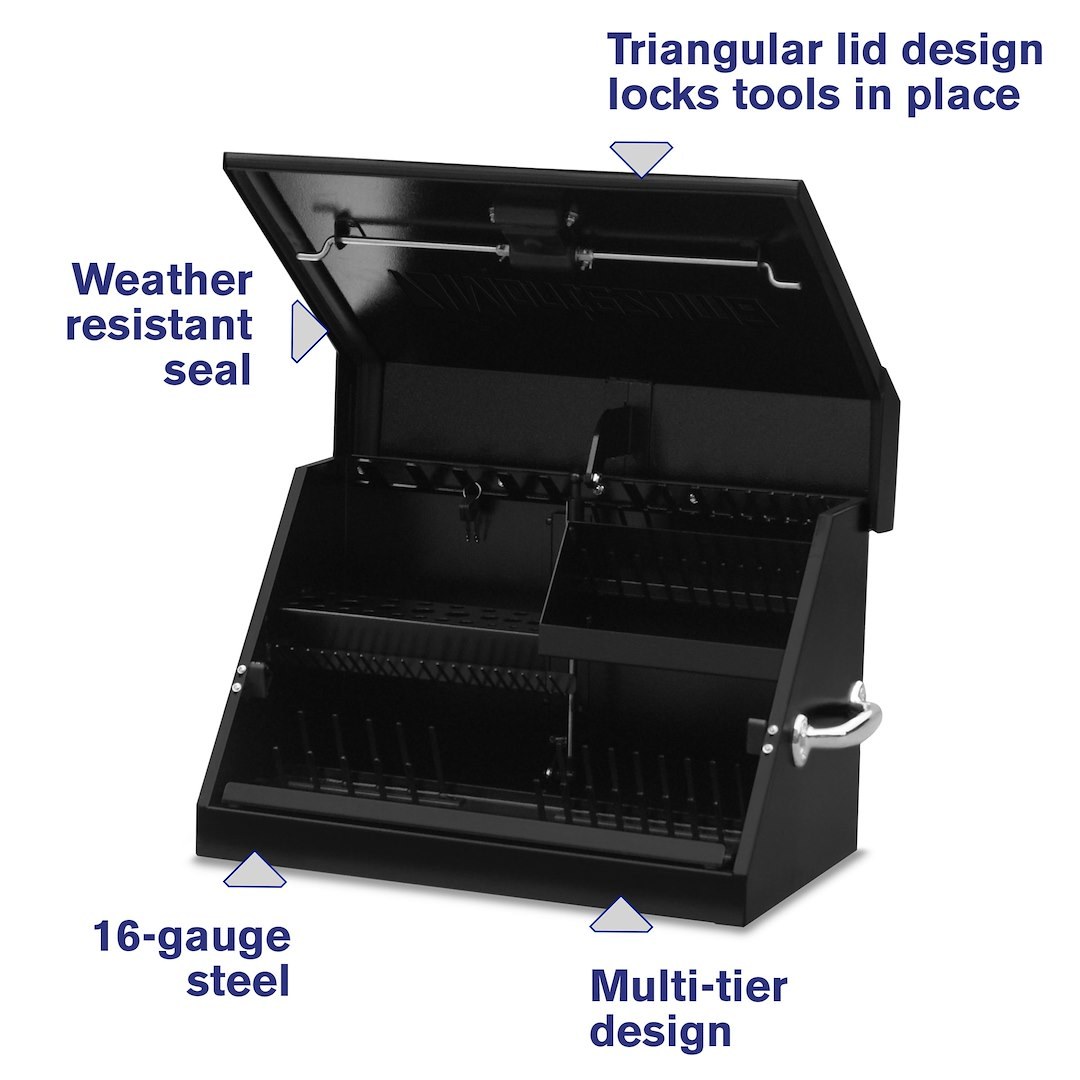 Montezuma Tool Box, Triangle®, Portable, Single Lid, Powder Coated, Black, Steel, 23-3/8 Inch Length X 13-3/4 Inch Width X 14-1/2 Inch Height – SM200B