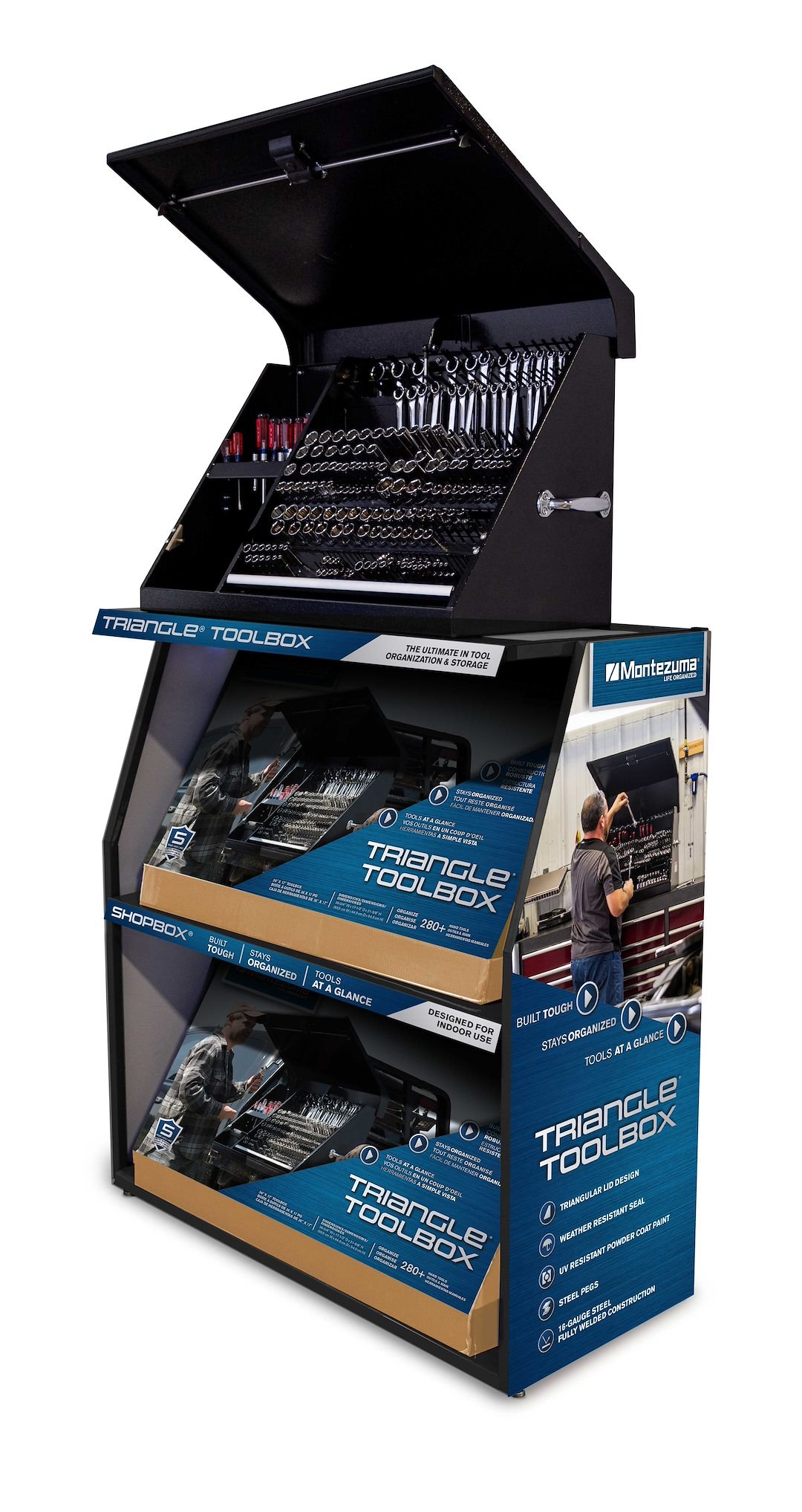 Montezuma Point of Purchase Display, 3 Tier Triangle Tool Box Display Rack, 220 Pound Load Capacity Per Shelf – TRD03-L-GRAY