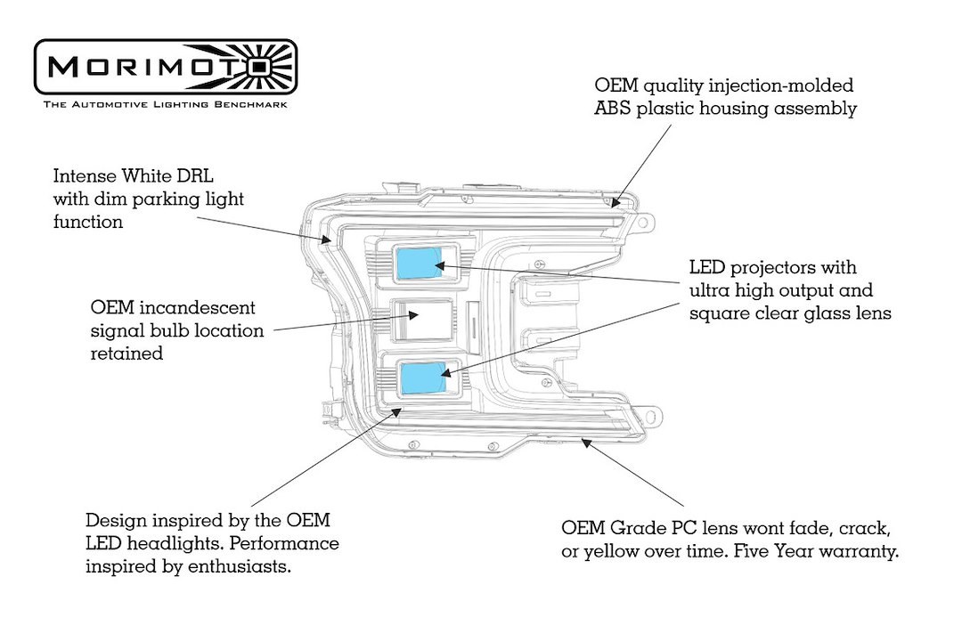 Morimoto Headlight Assembly, Xb Hybrid, LED Bulb, High and Low Projector Beam, White DRL, Polycarbonate Clear Lens, Black ABS Plastic Housing – LF551