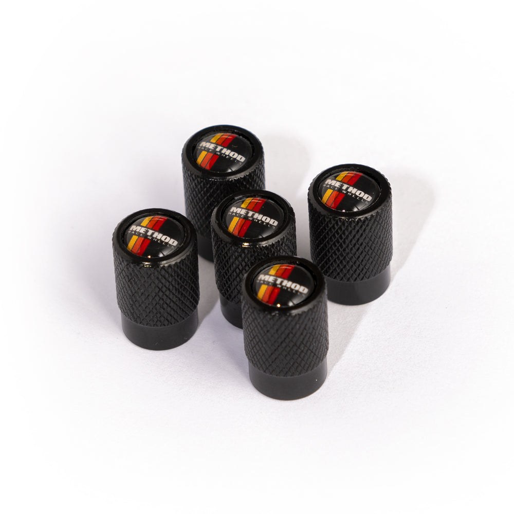Method Race Wheels Valve Stem Cap, Flat Head with Knurling, Classic Stripes, Aluminum, Set of 5 Caps – MH-VSC6