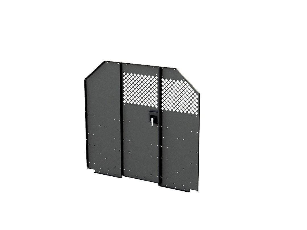 Masterack Bulkhead Divider, Full Bulkhead, With Hinged Door, Solid Left/ Hinged Middle/ Perforated Right Window, Black, Steel – 027088KP