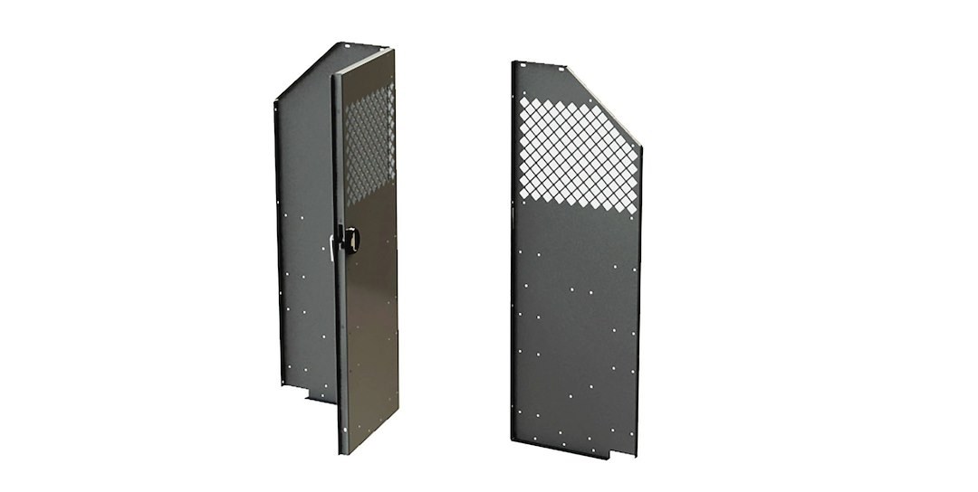 Masterack Bulkhead Divider, Full Bulkhead, With Hinged Door, Solid Left/ Hinged Middle/ Perforated Right Window, Black, Steel – 027088KP