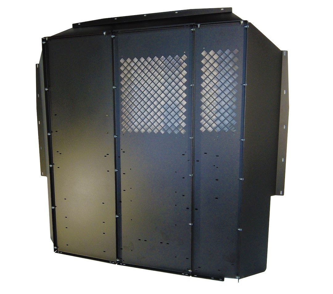 Masterack Bulkhead Divider, Full Bulkhead, Without Door, Solid Left/ Perforated Middle/ Perforated Right Window, Black, Steel – 02J177KP