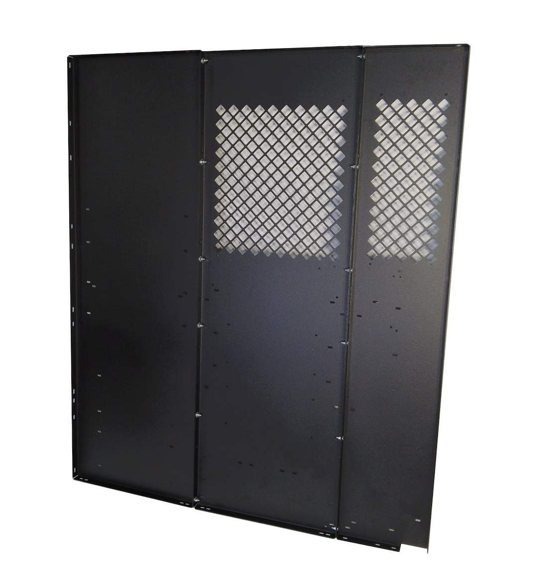 Masterack Bulkhead Divider, Full Bulkhead, Without Door, Solid Left/ Perforated Middle/ Perforated Right Window, Black, Steel – 02J177KP