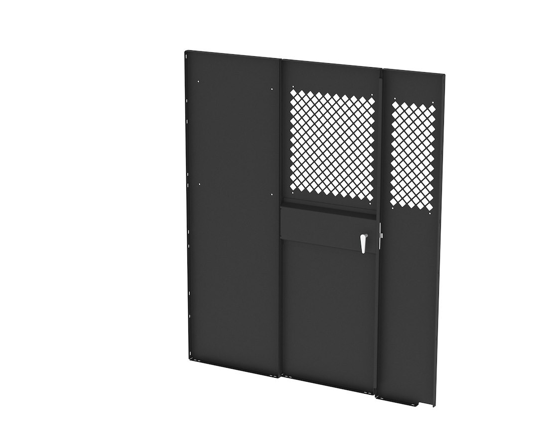 Masterack Bulkhead Divider, Full Bulkhead, With Hinged Door, Solid Left/ Hinged Middle/ Perforated Right Window, Black, Steel – 02J180KP