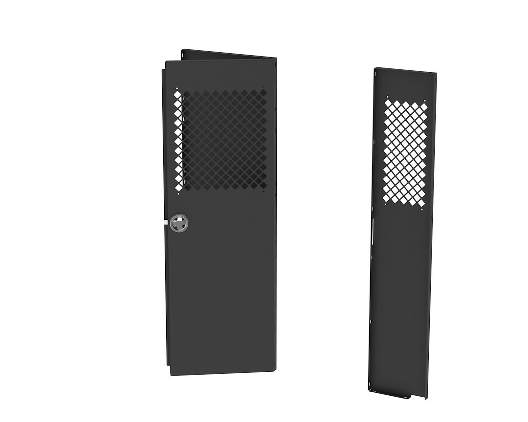 Masterack Bulkhead Divider, Full Bulkhead, With Hinged Door, Solid Left/ Hinged Middle/ Perforated Right Window, Black, Steel – 02J180KP