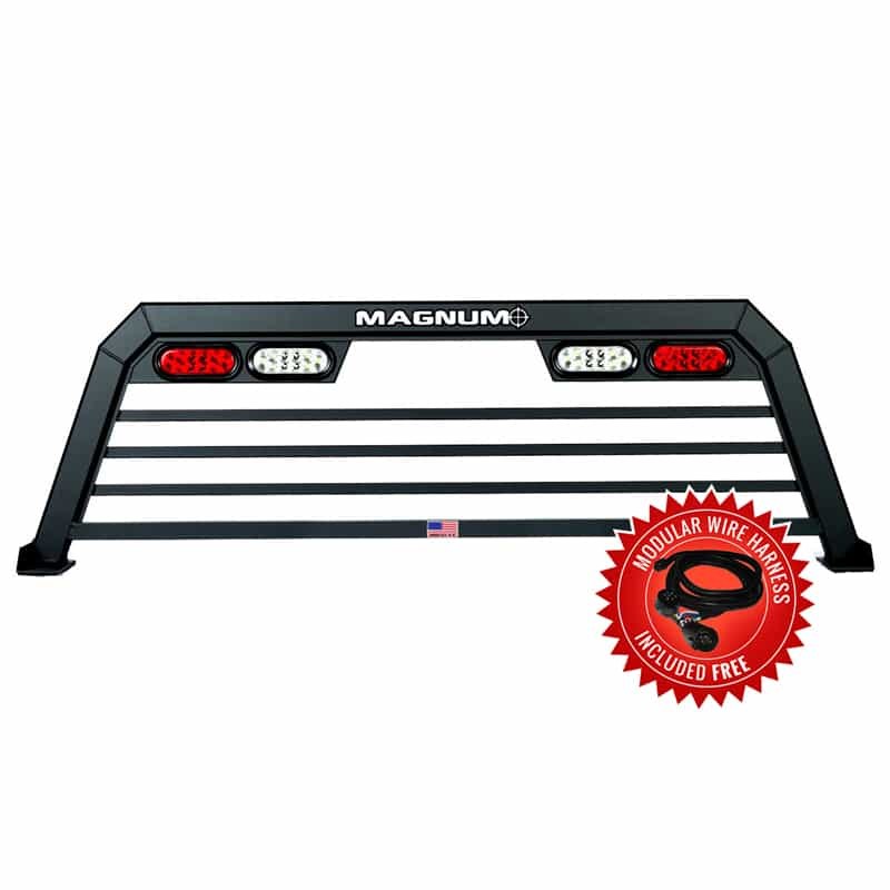 Magnum Truck Headache Rack, Low Pro, Louvered, Lighted, Powder Coated, Matte Black, Aluminum, Can Be Used with Cross Bed Tool Box – 109L