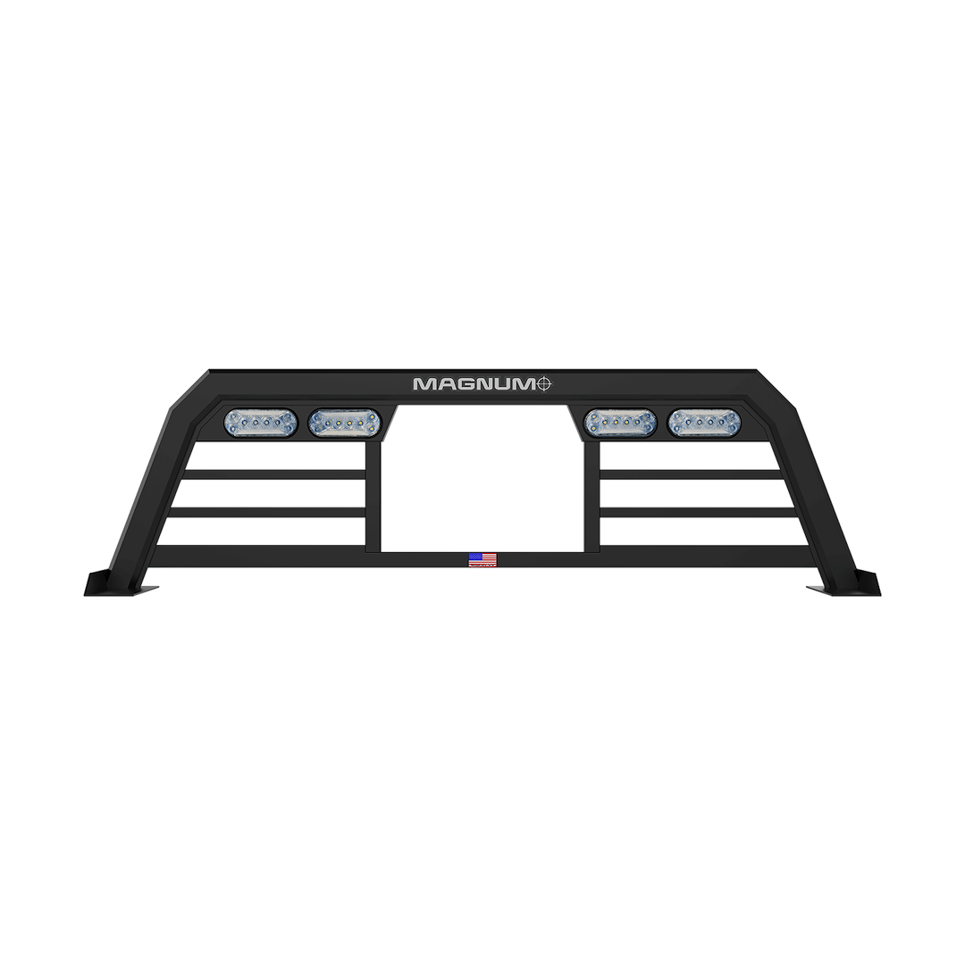 Magnum Truck Headache Rack, Low Pro, Louvered with Window Cut Out, Lighted, Powder Coated, Matte Black, Aluminum – 419LPBRE1NB