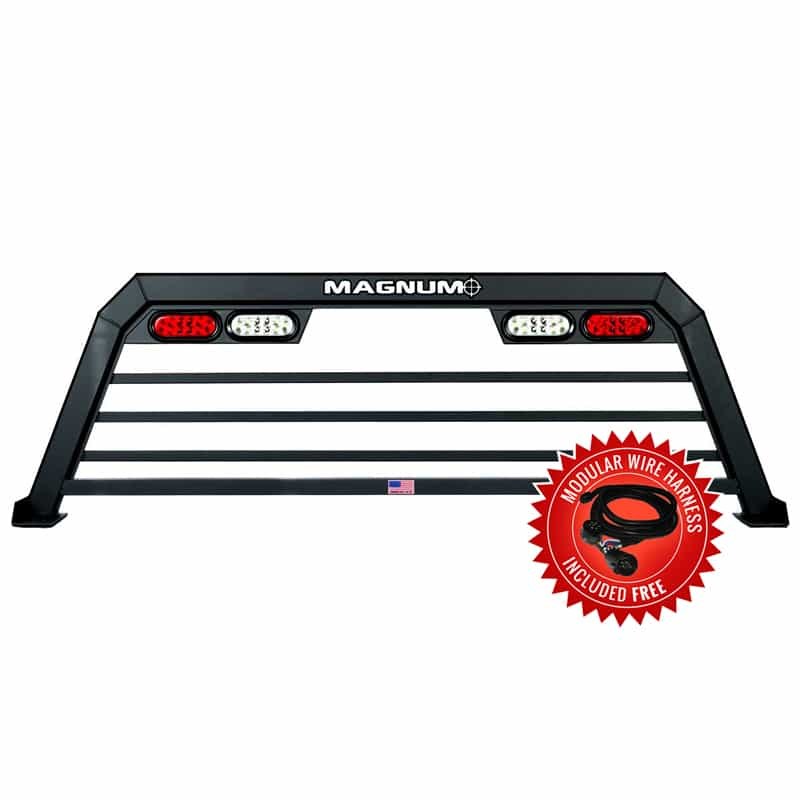 Magnum Truck Headache Rack, High Pro, Louvered, Lighted, Powder Coated, Matte Black, Aluminum, Can Be Used with Cross Bed Tool Box – 420H