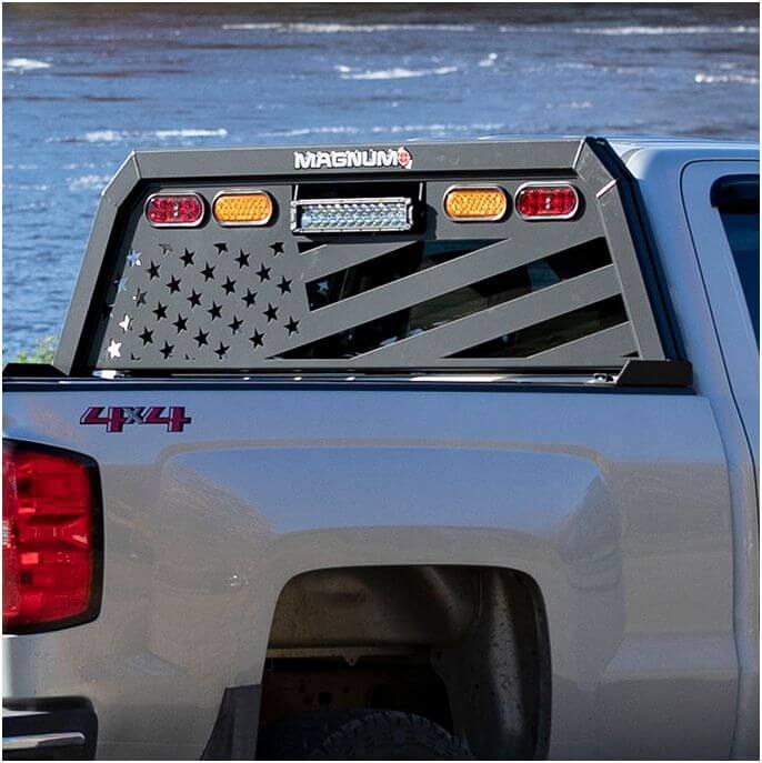 Magnum Truck Headache Rack, Low Pro, Louvered, Lighted, American Flag Back, Powder Coated, Matte Black, Aluminum – 420LFLAG