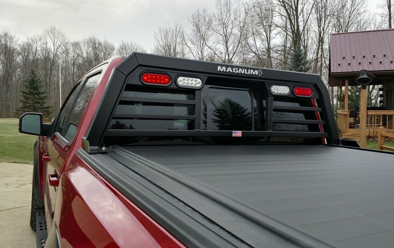 Magnum Truck Headache Rack, Low Pro, Louvered with Window Cut Out, Lighted, Powder Coated, Matte Black, Aluminum – 424LW