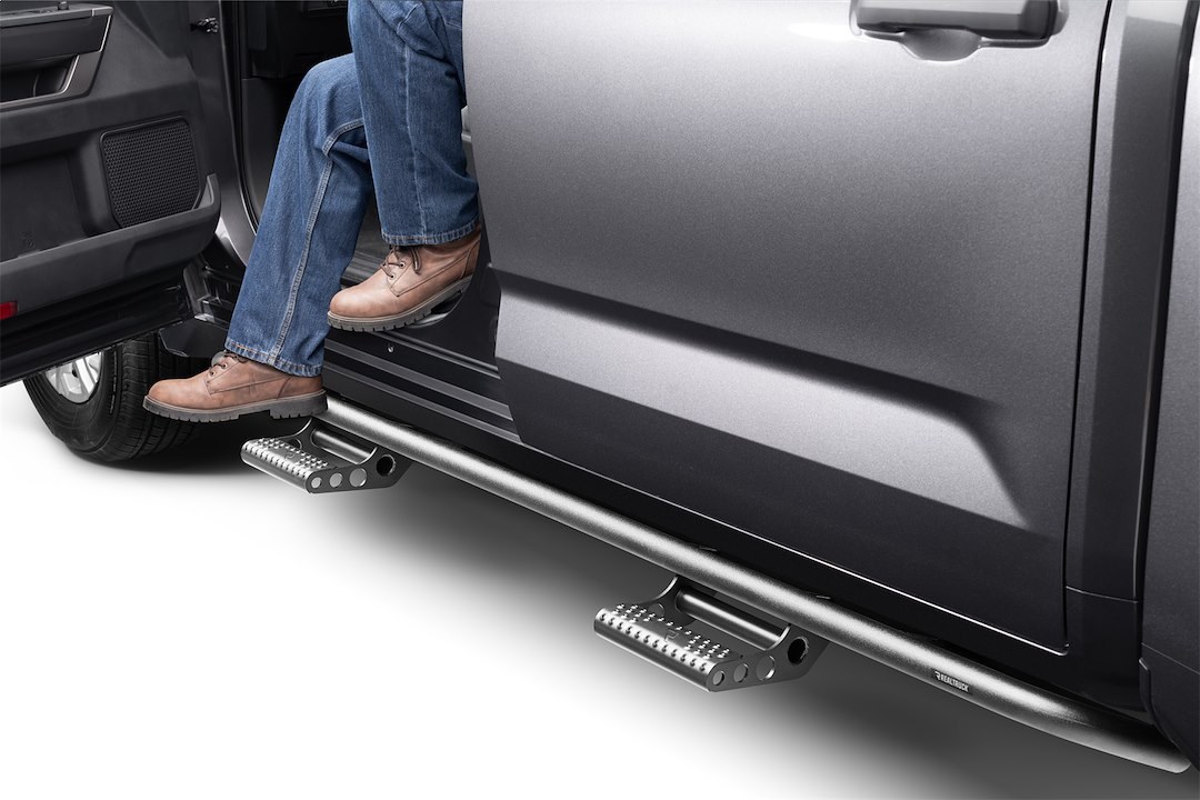 N-Fab Rocker Panel Guard, Rkr Series, Round Tube, Black Textured Powder Coat, Steel, Includes 4 Detachable Steps – T224RKRCCS4