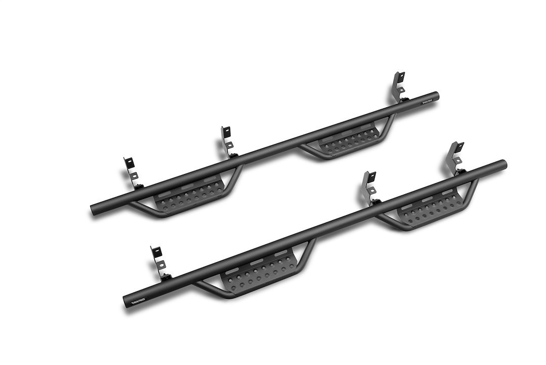 N-Fab Nerf Bar, Rs Series, With Drop Down Steps, 2 Inch Round Bent, Black Textured Powder Coated, Steel, Without End Caps – 315417722