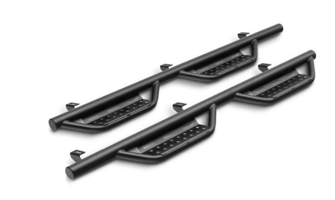 N-Fab Nerf Bar, Rs Series, With Drop Down Steps, 2 Inch Round Bent, Black Textured Powder Coated, Steel, Without End Caps – 321415622