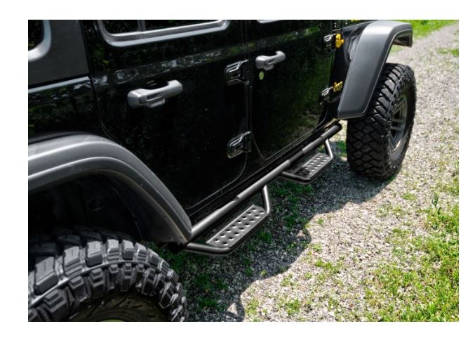N-Fab Nerf Bar, Rs Series, With Drop Down Steps, 2 Inch Round Bent, Black Textured Powder Coated, Steel, Without End Caps – 321415622