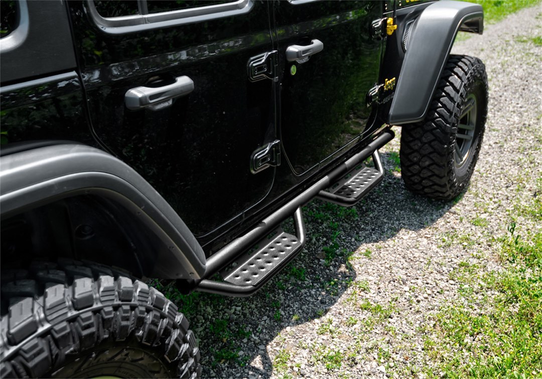 N-Fab Nerf Bar, Rs Series, With Drop Down Steps, 2 Inch Round Bent, Black Textured Powder Coated, Steel, Without End Caps – 518416612
