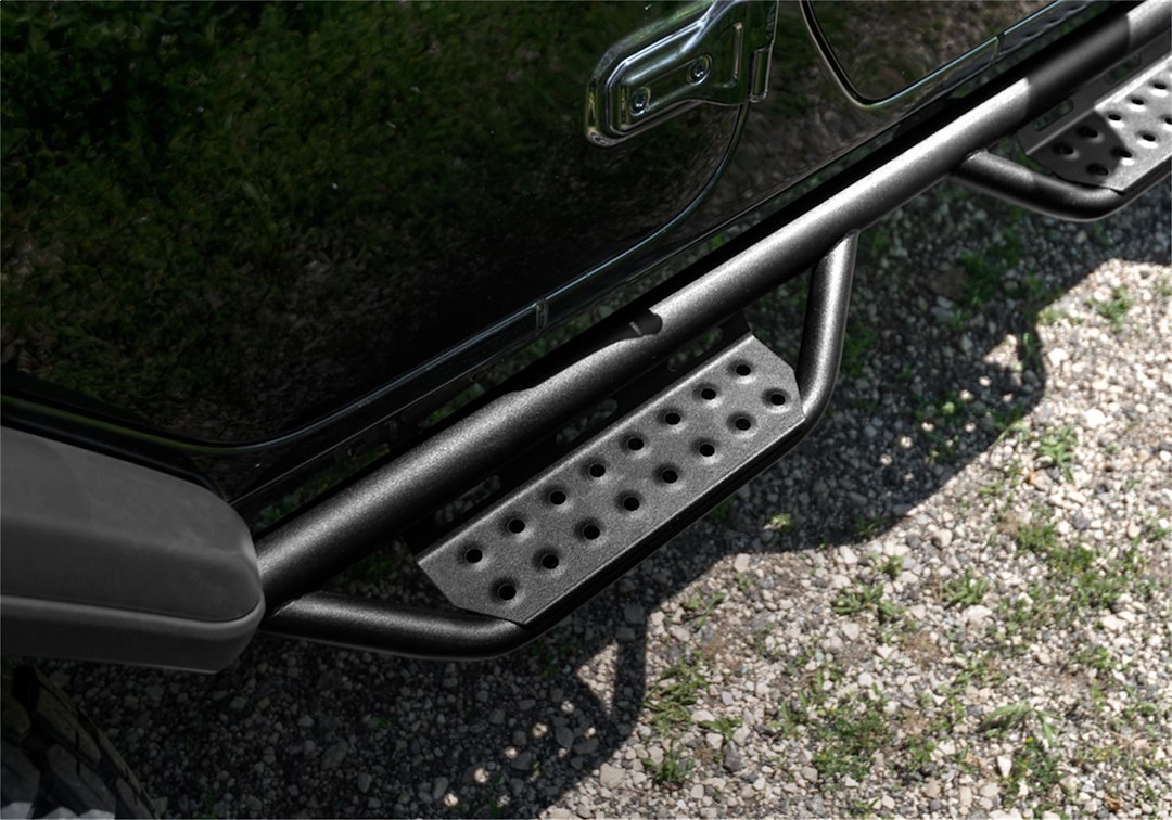 N-Fab Nerf Bar, Rs Series, With Drop Down Steps, 2 Inch Round Bent, Black Textured Powder Coated, Steel, Without End Caps – 518416612