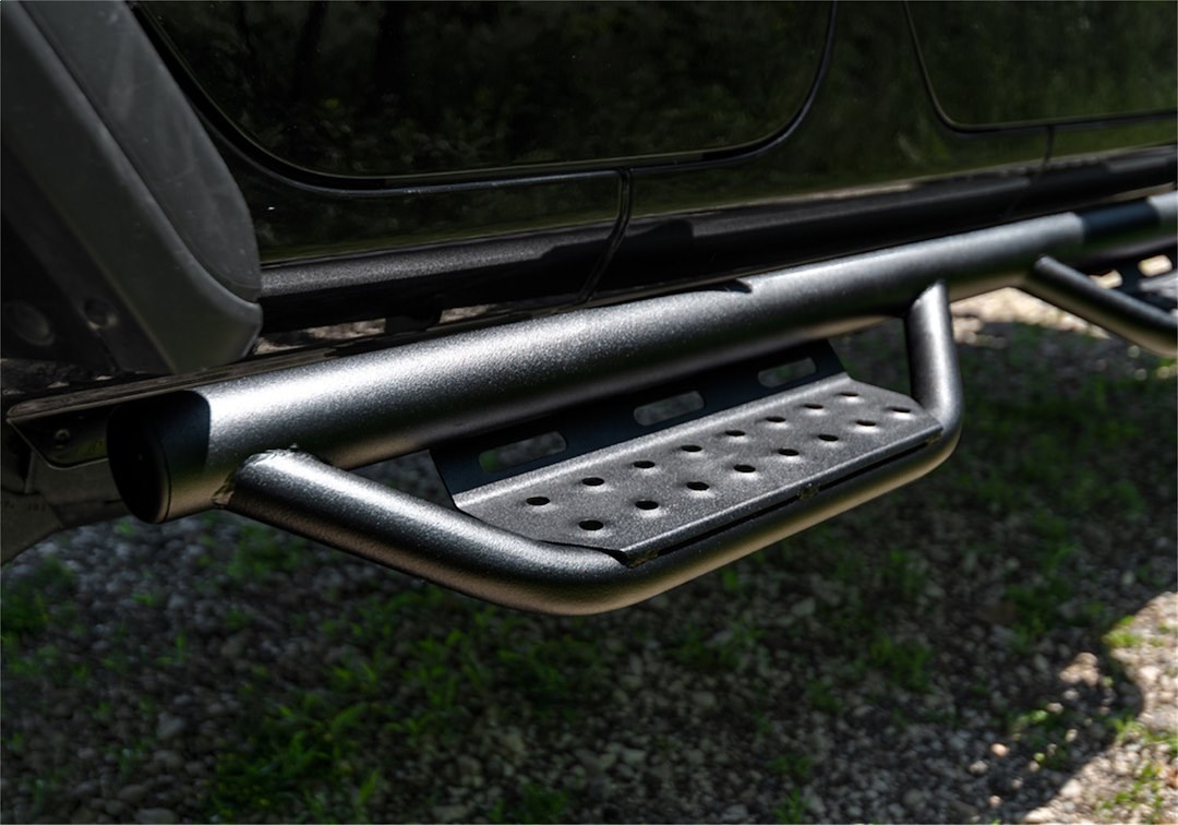 N-Fab Nerf Bar, Rs Series, With Drop Down Steps, 2 Inch Round Bent, Black Textured Powder Coated, Steel, Without End Caps – 518416612