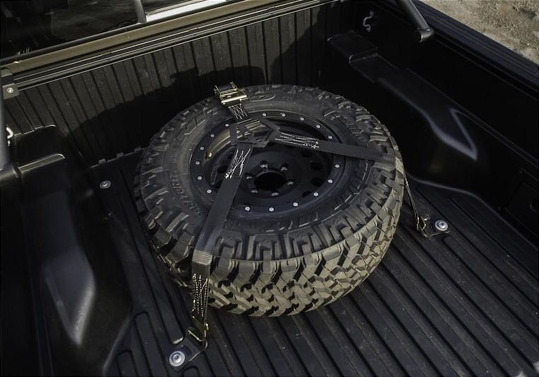 N-Fab Spare Tire Carrier, Bed Mount, Black Gloss Anchors with Black Straps, Steel Anchors, Universal, Holds 30 Inch to 40 Inch Tire – BM1TSBK