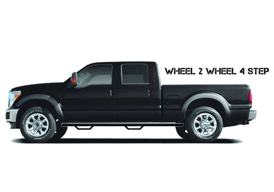 N-Fab Nerf Bar, W2W Series, With Drop Down Steps, 3 Inch Round Bent, Black Gloss Powder Coated Steel, Without End Caps, Rocker Panel Mount – C1573T