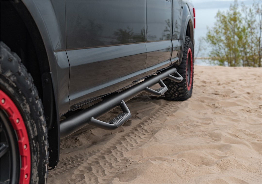 N-Fab Nerf Bar – Truck Wheel to Wheel, Bed Access, With Drop Down Steps, With Bed Step, 3 Inch Round Bent – F17105CC-6-TX