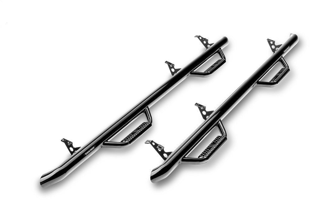 N-Fab Nerf Bar, W2W Series, With Drop Down Steps, 3 Inch Round Bent, Black Gloss Powder Coated Steel, Without End Caps, Rocker Panel Mount – H0365