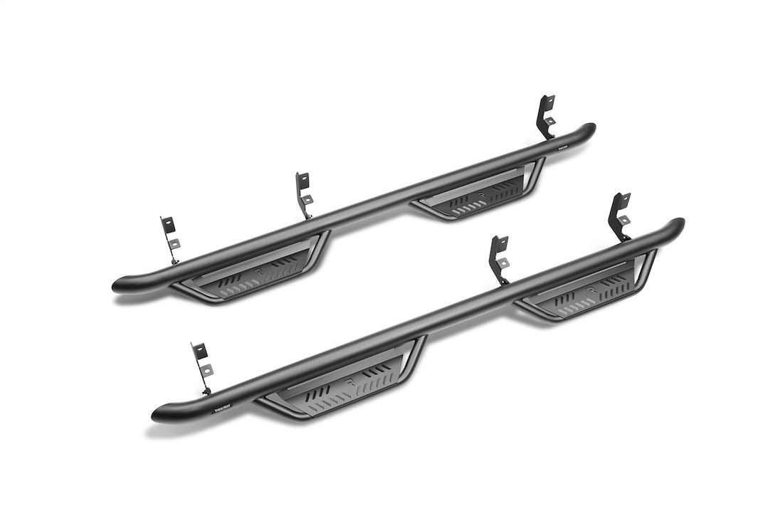 N-Fab Nerf Bar, Podium, With Drop Down Steps, 3 Inch Round Bent, Textured Powder Coated Black Stainless Steel, Welded Vented End Caps – HPC1980CC-TX