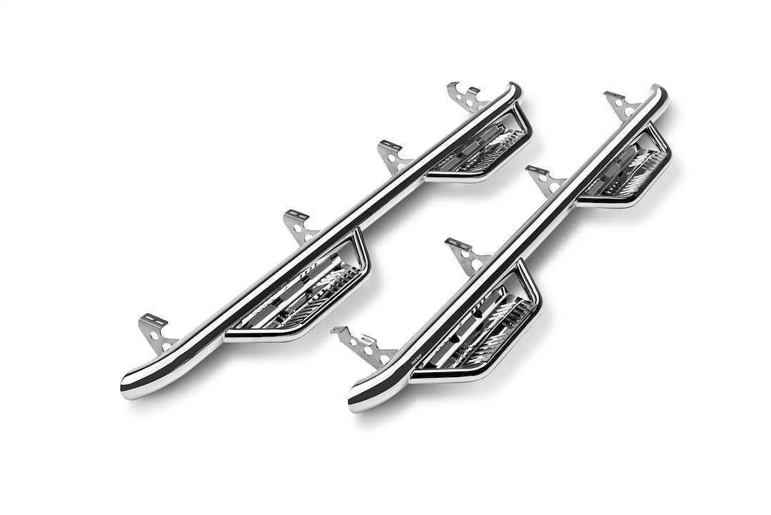 N-Fab Nerf Bar, Podium, With Drop Down Steps, 3 Inch Round Bent, Polished Stainless Steel, Welded Vented End Caps, Rocker Panel Mount – HPD0984CC-SS