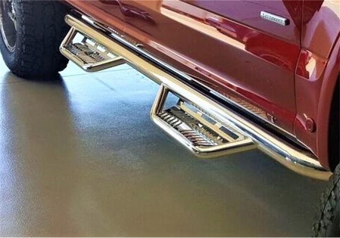 N-Fab Nerf Bar, Podium, With Drop Down Steps, 3 Inch Round Bent, Polished Stainless Steel, Welded Vented End Caps, Rocker Panel Mount – HPD0984CC-SS