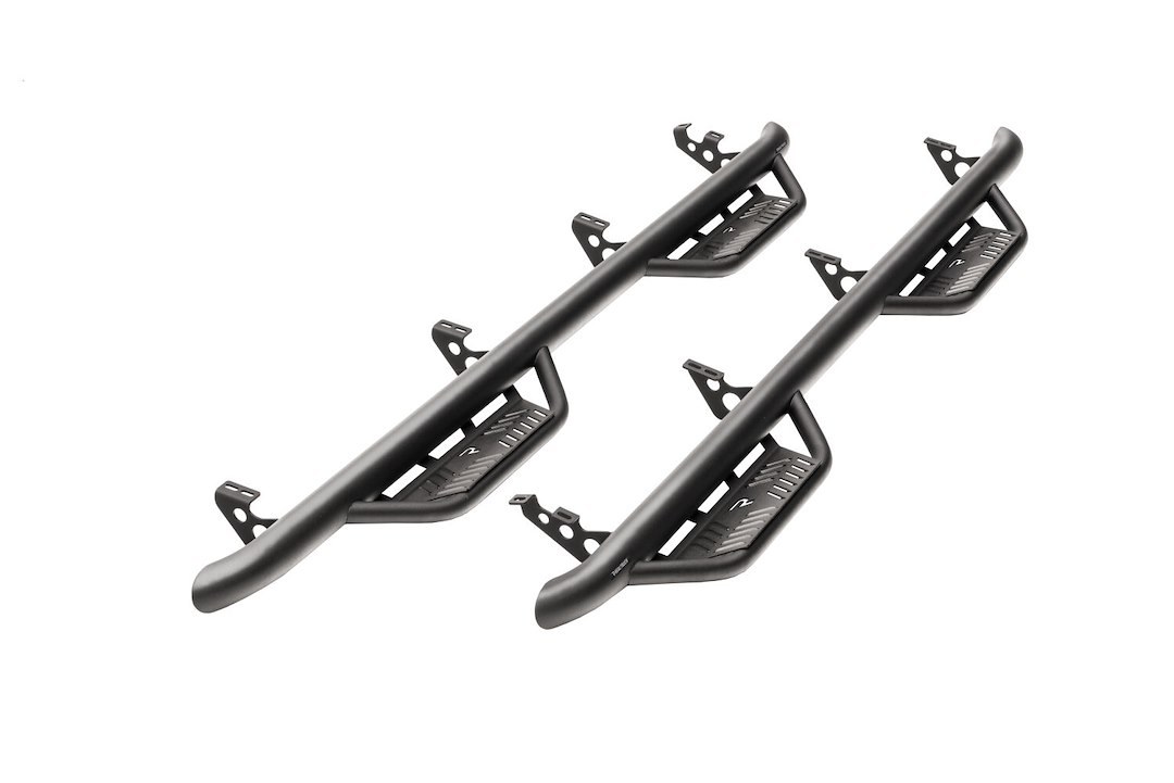 N-Fab Nerf Bar, Podium, With Drop Down Steps, 3 Inch Round Bent, Textured Powder Coated Black Stainless Steel, Welded Vented End Caps – HPJ0764-TX
