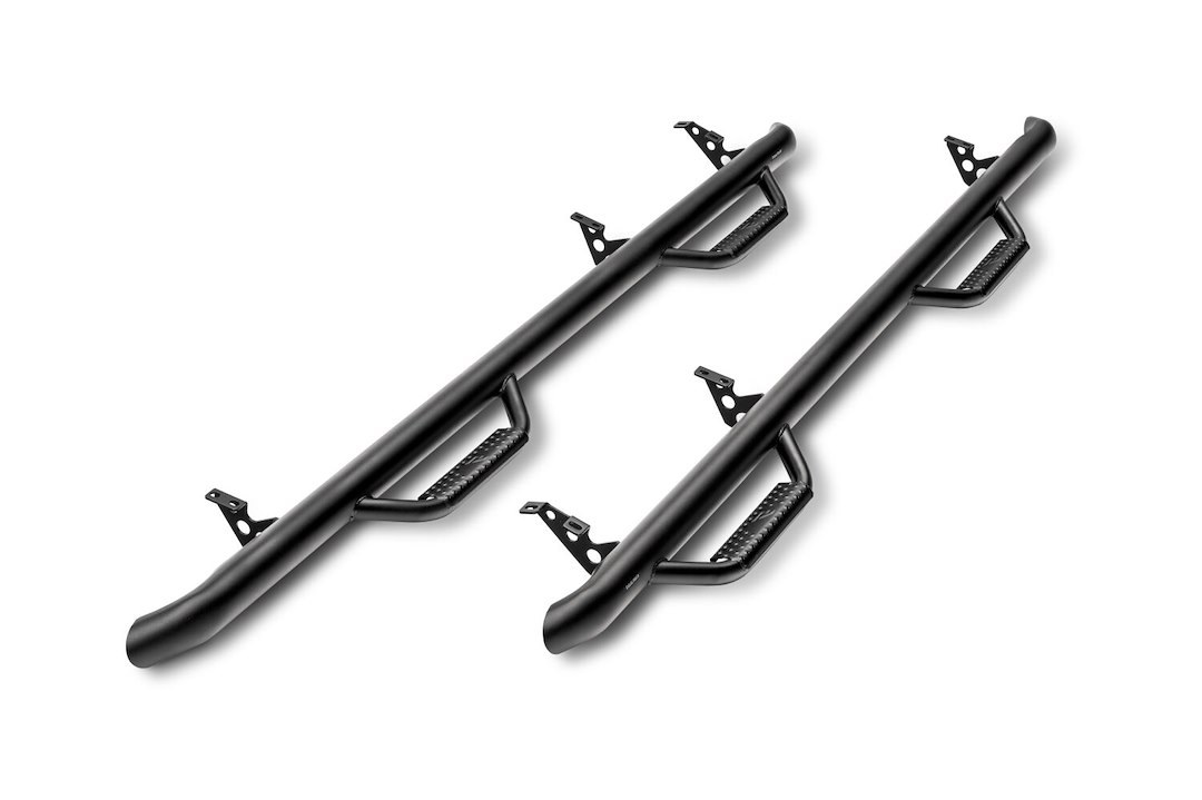 N-Fab Nerf Bar, W2W Series, With Drop Down Steps, 3 Inch Round Bent, Black Matte Textured Powder Coated Steel, Without End Caps – N0469A-TX