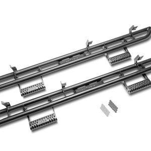 N-Fab Rocker Panel Guard, Rkr Series, Round Tube, Black Textured Powder Coat, Steel, Includes 4 Detachable Steps – N224RKRCCS4