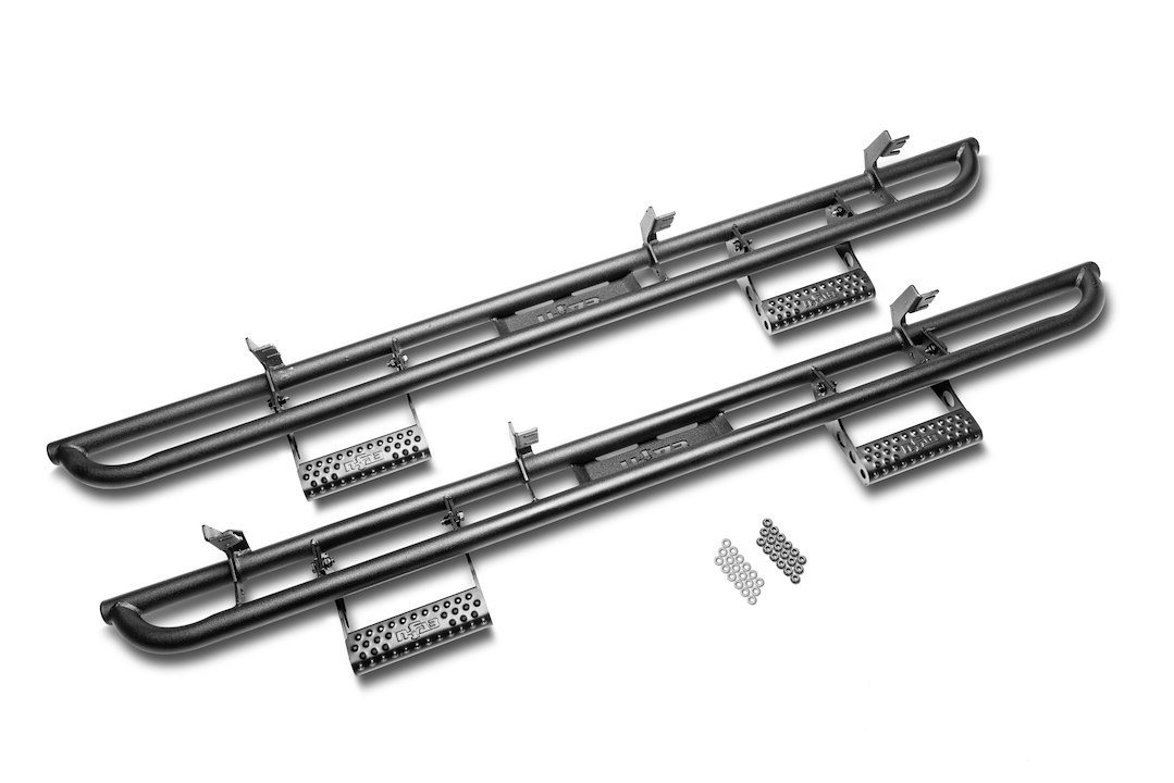 N-Fab Rocker Panel Guard, Rkr Series, Round Tube, Black Textured Powder Coat, Steel, Includes 4 Detachable Steps – N224RKRCCS4