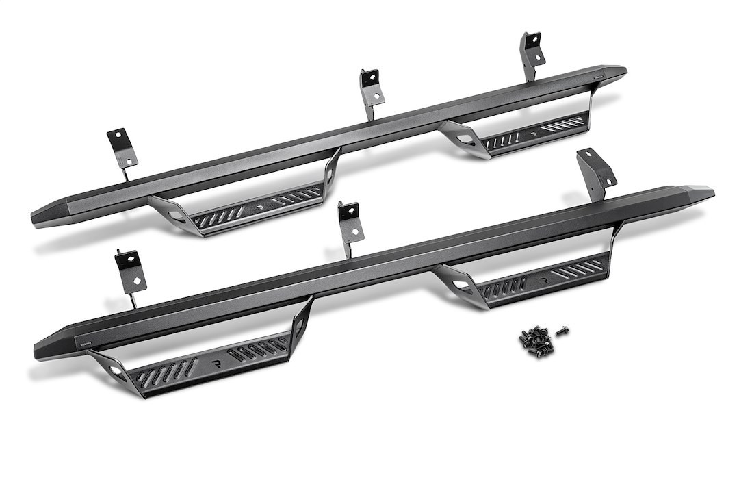 N-Fab Nerf Bar, Predator Pro, With Drop Down Steps, Angular Design Straight, Black Textured Powder Coated, Aluminum – PRT1458R-TX