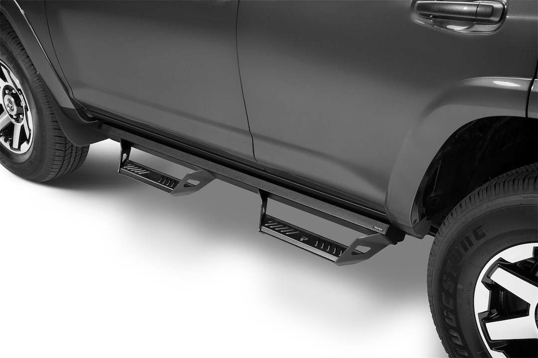 N-Fab Nerf Bar, Predator Pro, With Drop Down Steps, Angular Design Straight, Black Textured Powder Coated, Aluminum – PRT1458R-TX