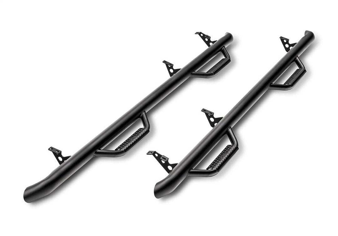 N-Fab Nerf Bar, W2W Series, With Drop Down Steps, 2 Inch Round Bent, Black Textured Matte Powder Coated, Steel, Without End Caps – T0654FJ