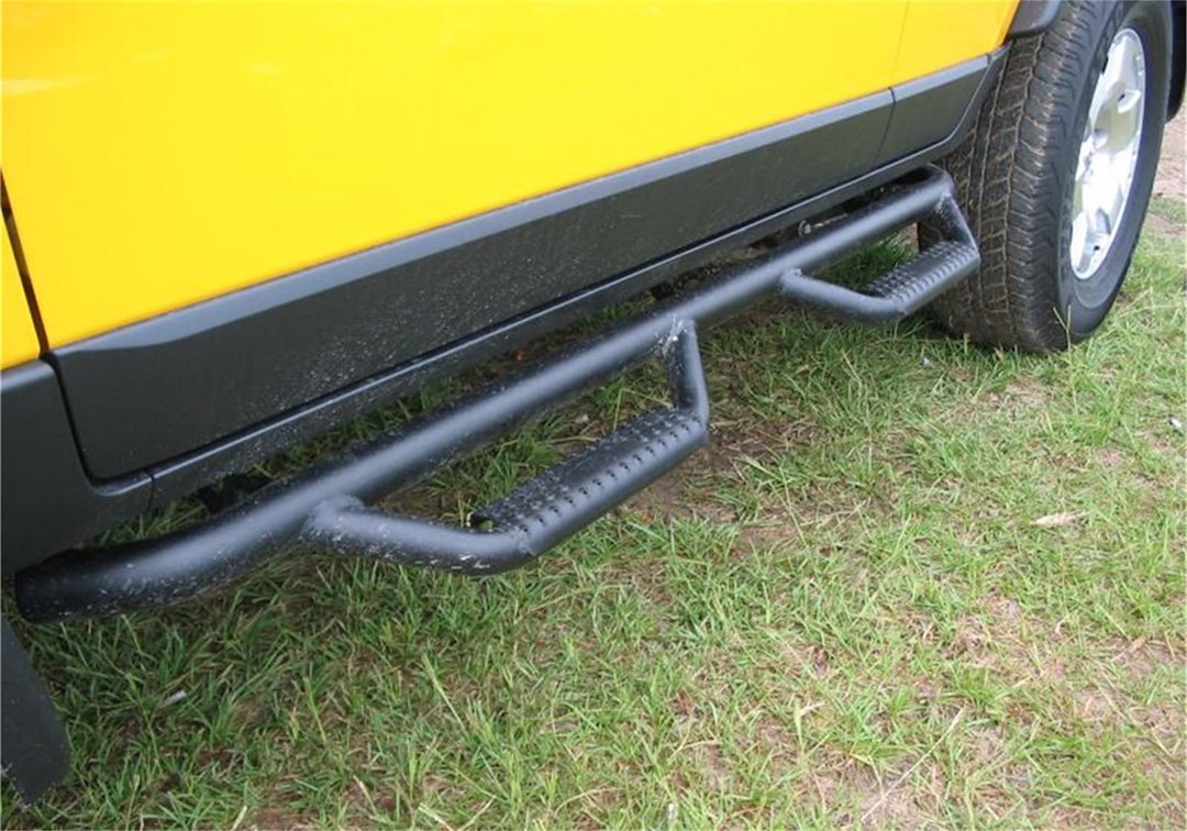 N-Fab Nerf Bar, W2W Series, With Drop Down Steps, 2 Inch Round Bent, Black Textured Matte Powder Coated, Steel, Without End Caps – T0654FJ