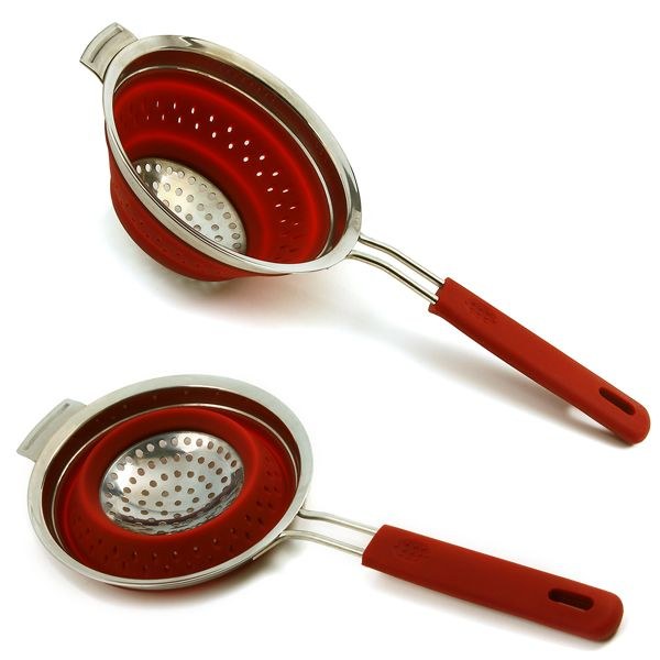 Norpro Kitchen Strainer, Collapsible, Collapses to 1-1/4 Inch, 44 Ounce Capacity, Red and Silver, Silicone and Stainless Steel – 2182