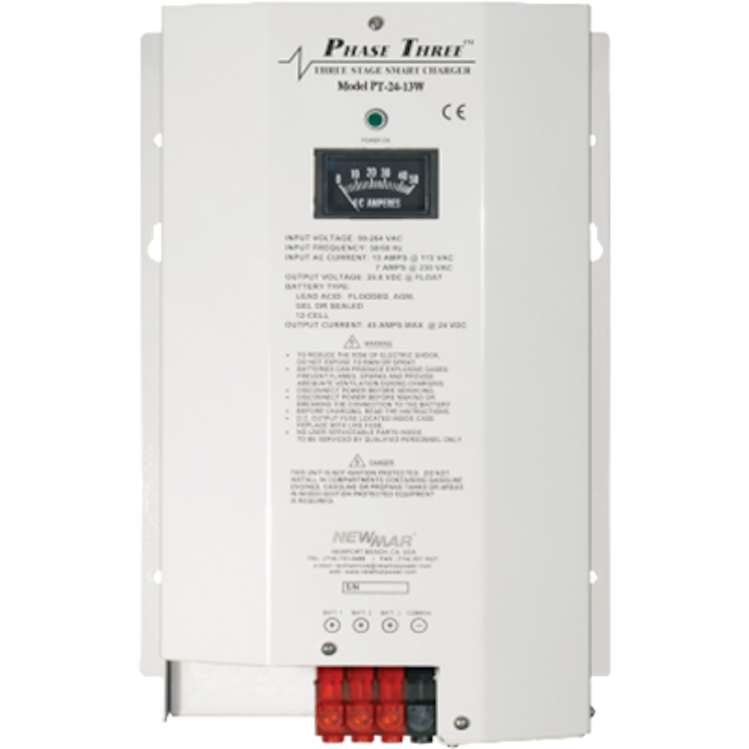 Newmar Battery Charger, Phase Three Smart Series, For 24 Volt Gel-Cell/ 24 Volt Flooded Lead-Acid/ 24 Volt AGM Batteries, 3-BANK Charger – PT-24-13W