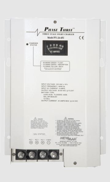 Newmar Battery Charger, Phase Three Smart Series, For 24 Volt Gel-Cell/ 24 Volt Flooded Lead-Acid/ 24 Volt AGM Batteries, 3-BANK Charger – PT-24-45U