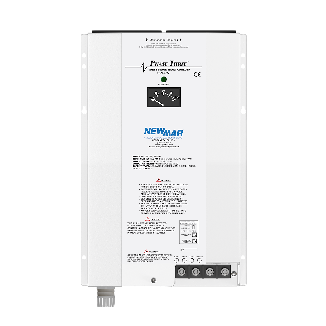 Newmar Battery Charger, Phase Three Smart Series, For 24 Volt Gel-Cell/ 24 Volt Flooded Lead-Acid/ 24 Volt AGM Batteries, 3-BANK Charger – PT-24-60W