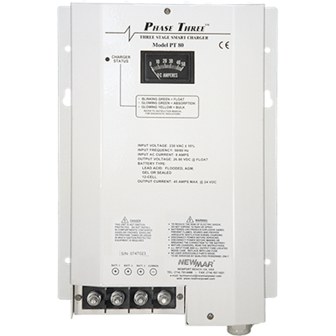 Newmar Battery Charger, Phase Three Smart Series, For 12 Volt Gel-Cell/ 12 Volt Flooded Lead-Acid/ 12 Volt AGM Batteries, 3-BANK Charger – PT-80