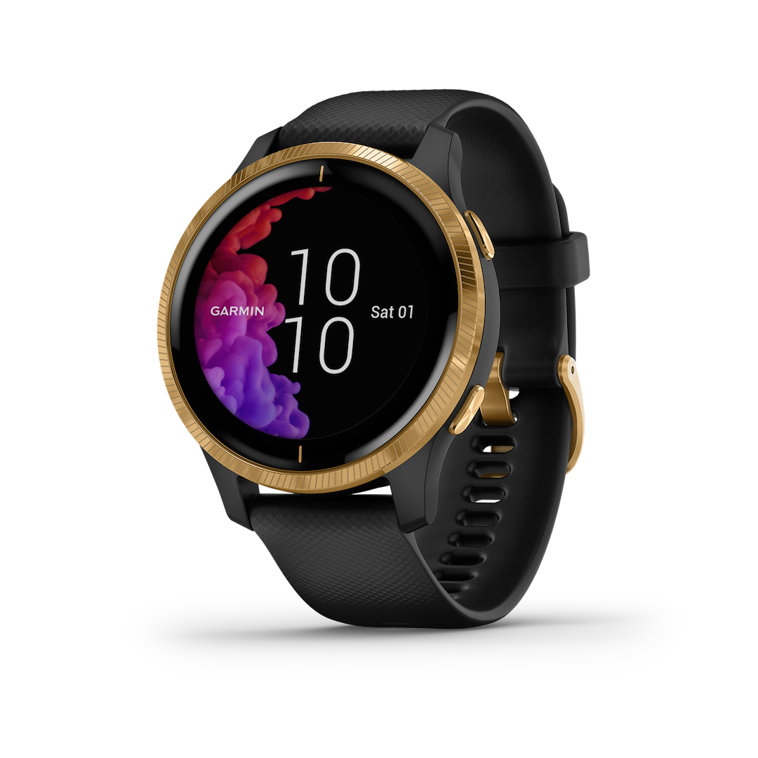 Garmin Noh GPS Watch, Venu® Noh, Sports Watch, 1.2 Inch Color Amoled Display, Black/ Gold Bezel, 5 Atm Rating Waterproof – 010-N2173-31