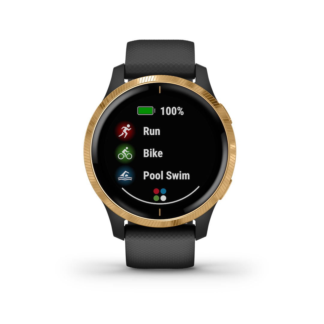 Garmin Noh GPS Watch, Venu® Noh, Sports Watch, 1.2 Inch Color Amoled Display, Black/ Gold Bezel, 5 Atm Rating Waterproof – 010-N2173-31